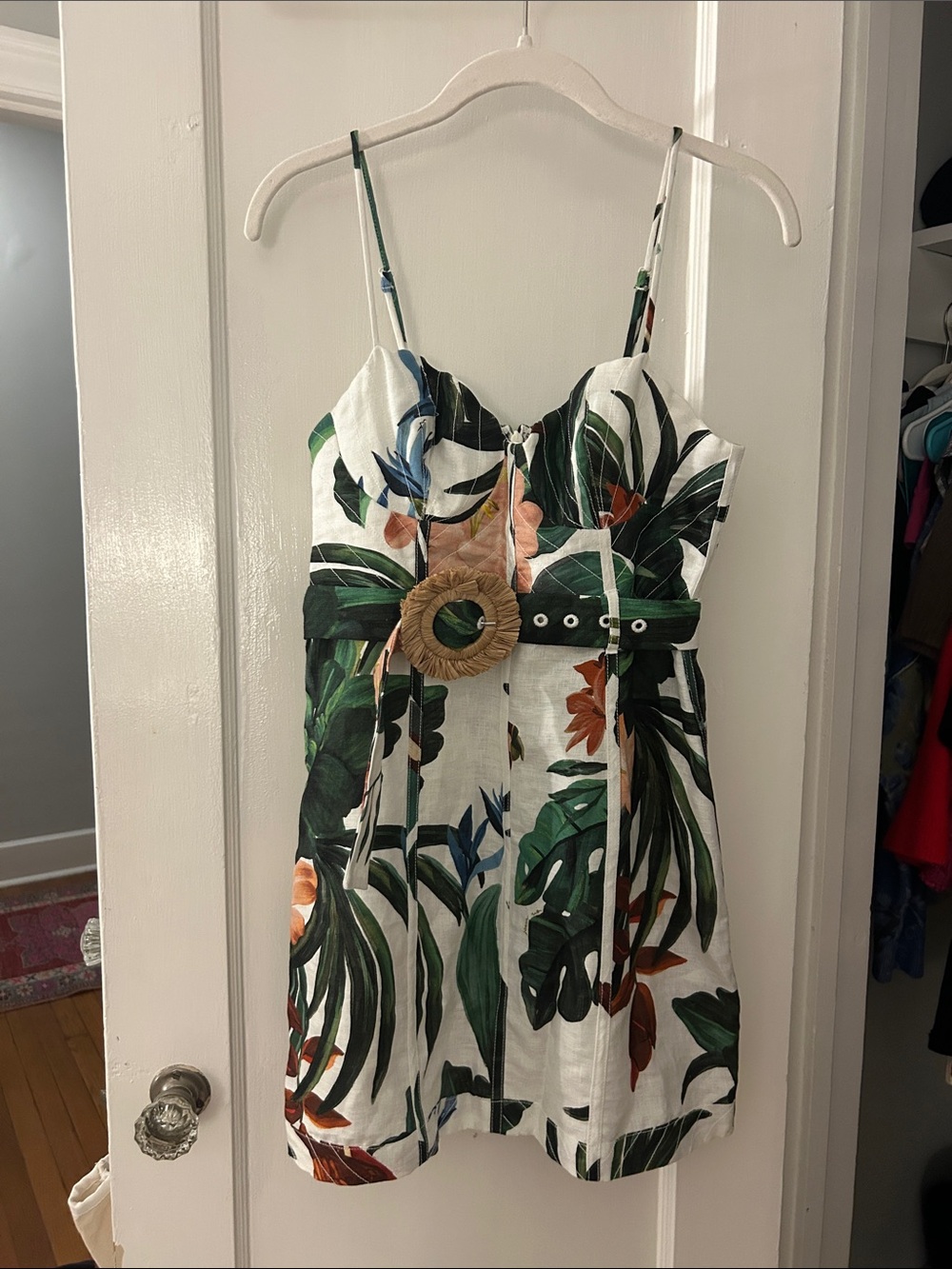 FARM Rio White Tropical Leaf Mini Dress with Green and Orange Accents